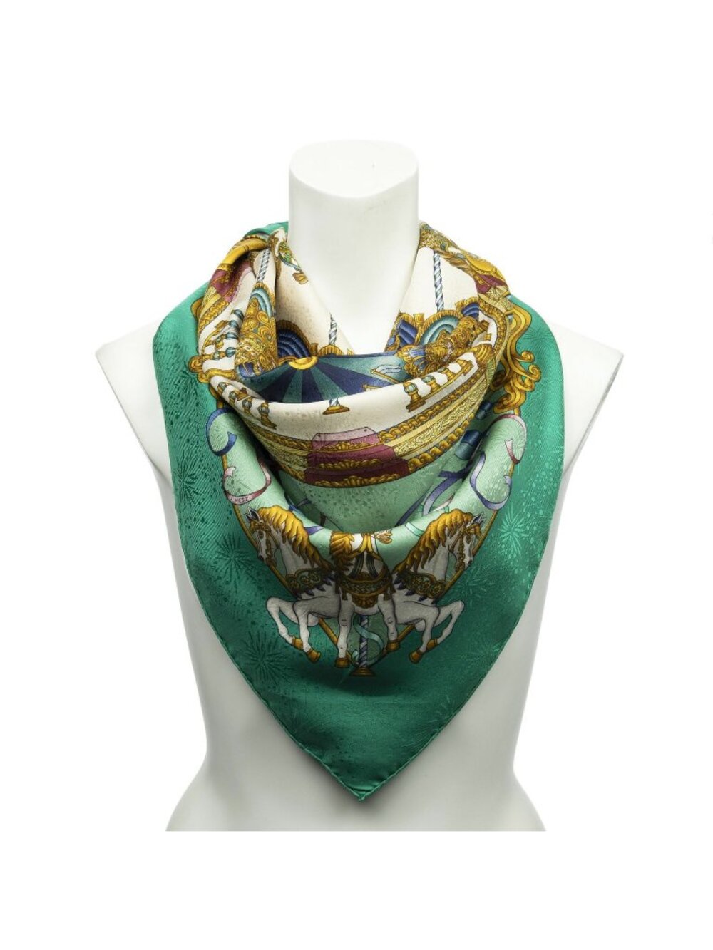 Hermes Scarf Green Beige Gold 100% Jacquard Silk